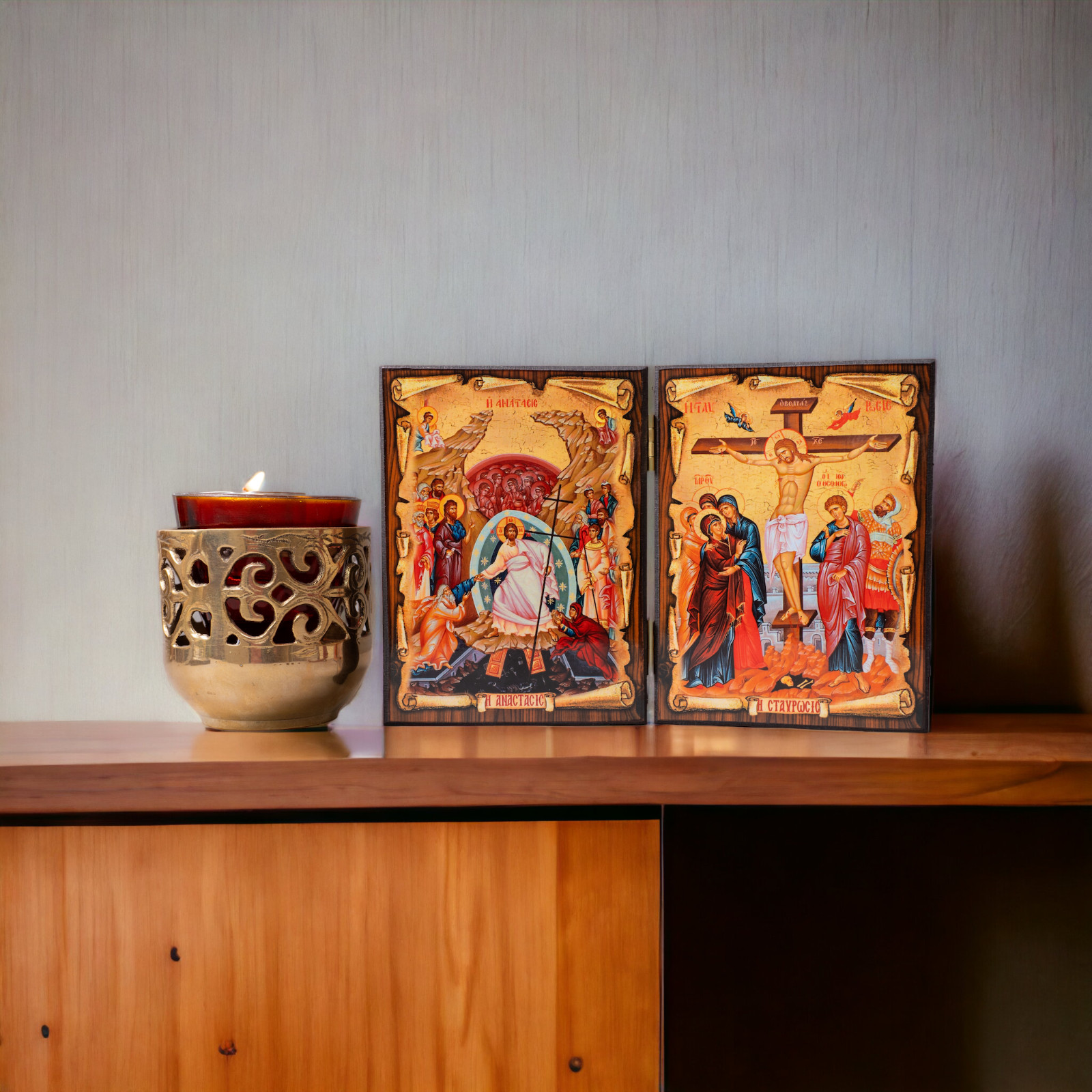 Crucifixion & Resurrection Wooden Diptych Icon
